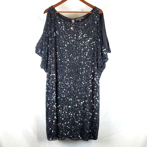 Aidan Mattox Black Cold Shoulder Sequin Dress - Picture 2 of 10